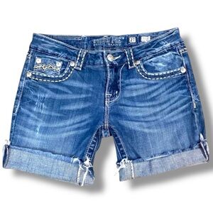 Miss Me Blue Denim Athletic Cut Off Shorts